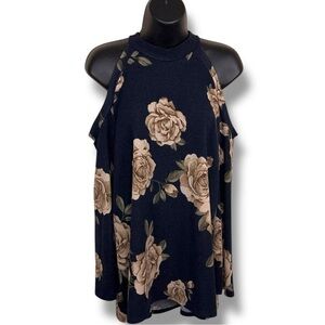 Large 143 Story Navy Blue Floral Knit Cold Shoulder Top Stretch High Neckline